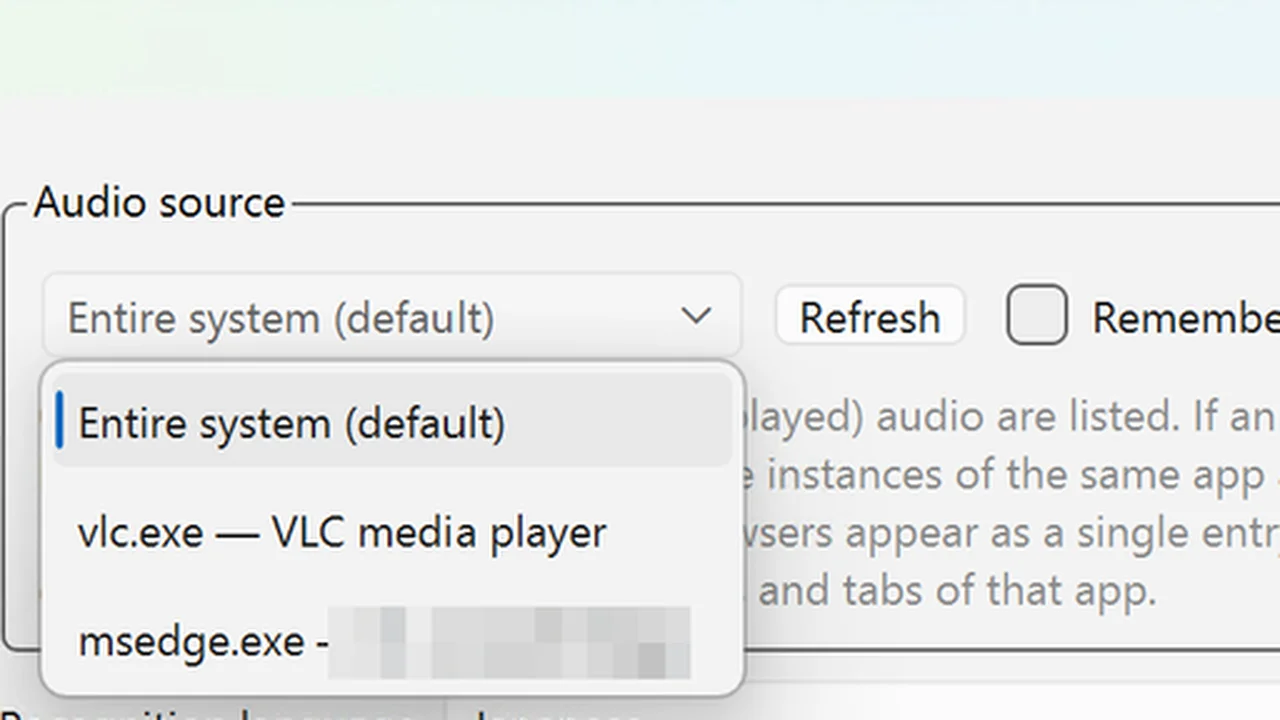 RealSub's audio source list in Settings: Entire system (default), or a single app such as VLC media player or a browser