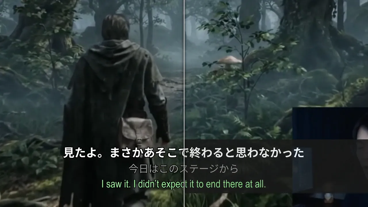 Outlined live subtitles over a game stream: the spoken Japanese, a grey in-progress line, and the English translation below